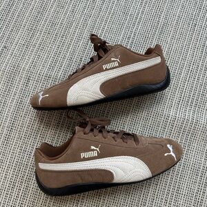 Puma Brown and White Lifestyle Sneakers with Suede Finish